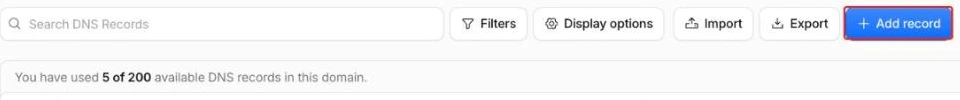 DNS レコード一覧の上部。検索欄と Filters・Display options・Import・Export が並び、右端の「Add record」が赤枠で示されている