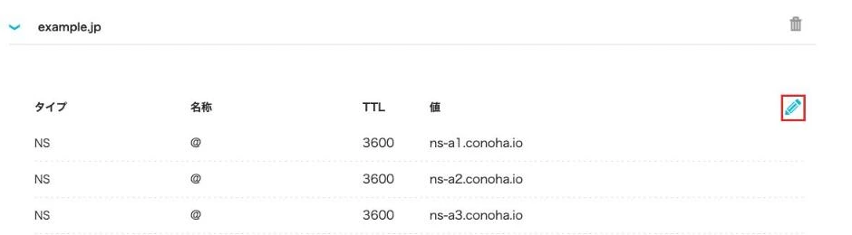 ドメインのレコード一覧。タイプ・名称・TTL・値の列が並び、右上の鉛筆のアイコンが赤枠で示されている