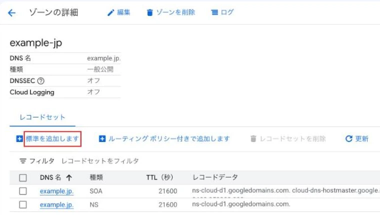 ゾーンの詳細画面。レコードセットのタブの下に「標準を追加します」があり赤枠で示されている。既定の SOA と NS のレコードセットが並ぶ